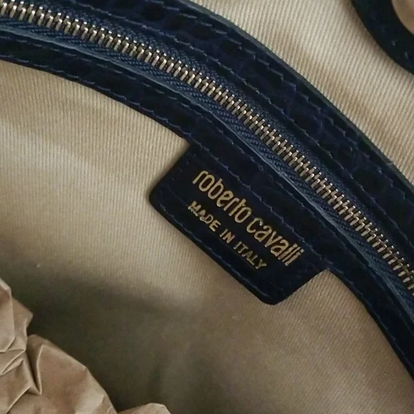 Roberto Cavalli NWT Women's Navy Blue Leather Snake Tote Handbag - Picture 4 of 6